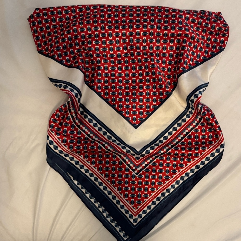 Red Patterned Square Scarf with Cream Border